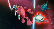 The fatal encounter between Gundam, Char's Gelgoog, Elmeth and Core Booster as seen on Char's Counterattack motion picture