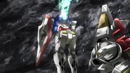 0 Gundam (Type A.C.D) reactivated with an original GN Drive (next to an abandoned Reborns Gundam) (Rebirth)