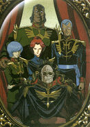 Zabi family's portrait with Degwin in the front row (from M.S.ERA Mobile Suit Gundam 0001-0080; Bandai, 1990)