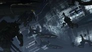 Several Zaku IIs alongside a colony during flashback (Episode 7)