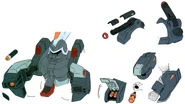 Details of chest armor and Chest Grenade (left), Gatling Gun (top right), and 2-tube Grenade Launcher and forearm armor (bottom right)