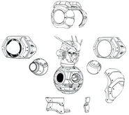 Torso details from Mobile Suit Gundam Thunderbolt: MS Illustration, with image background lines removed. The cockpit can be used as an escape pod.