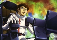 Amuro Ray pushing Axis in his ν Gundam (Gundam Perfect File)