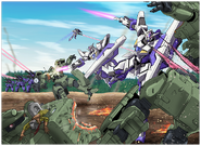 Scenario of 1 Gundams and GN Cannons in combat as imagined by Beside Pain (Gundam 00I chapter 6)
