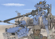 From Mobile Suit Gundam 00N integrated G-ROOMS: A sketch of Katharon forces in the desert relaxing. Note the damaged, light armor variant of the Shell Flag on the right.