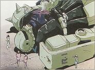 Wreckage of Denim's Zaku II being examined by E.F.F. officials in Mobile Suit Gundam: Gihren's Greed