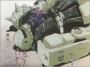 Wreckage of Denim's Zaku II being examined by E.F.F. officials (from Mobile Suit Gundam: Gihren's Greed)