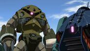 Zeon Remnant's Z'Gok in U.C. 0096, accompanied by RMS-192M Zaku Mariner (right) (Mobile Suit Gundam Unicorn)