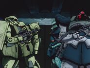 December, U.C. 0079: Inside the besieged Zeon secret base in South East Asia, from left - Zaku II JC-type, Gouf Custom, and Dom (The 08th MS Team)