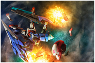 GN-0000GNHW/7SG 00 Gundam Seven Sword/G destroying an A-LAWS GN-XIII