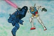 Ramba's Gouf blocks RX-78-2 Gundam's beam saber attack