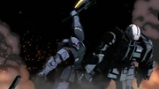 Ortega's Zaku I destroying a Guncannon