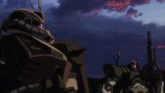 Close-up of Zeon remnant's Desert Zaku (left) and Dwadge (right) (Gundam Unicorn OVA, Episode 04)