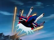 Gundam Double X linked with G-Falcon evading attack.