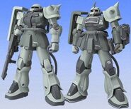 Zeonography #3005b "MS-06F2 Zaku II F2 Type ": sample product (left) with parts convertible to "MS-06D Zaku Desert Type (Green)" (right)