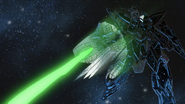 Firing Trikeros' 50mm High-energy Beam Rifle while cloaked by Mirage Colloid (The Vanishing Gundam, HD Remaster)
