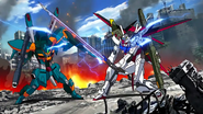 Perfect Strike Gundam wielding "Schwert Gewehr" Anti-Ship Sword against Calamity Gundam