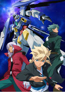 The Gundam AGE-2 and its pilot Asemu Asuno (Center), with his father Flit (Right), and Zeheart (Left)