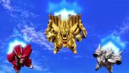 Team Babylonia, from left: Den'an Gei, Berga Giros, and Den'an Zon (from Gundam Build Fighters Try TV series)
