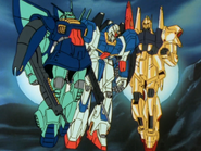 MSK-008 Dijeh (left) and Hyaku Shiki (right) escort MSZ-006 Zeta Gundam (center) out of battlefield during the siege of Titans' Kilimanjaro base (2)