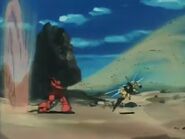 Hyaku Shiki (right) dodging sand from Masai's Gelgoog's Sand Hose (ZZ)