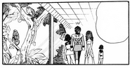 A faceless "High Ranking Zeon officer", assumed to be a member of the Zabi walking through an ape house . It can be inferred to be Garma from the uniform and the silhouettes surrounding him resembling Char and Icelina.