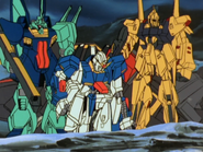 Escorted out of battlefield by MSK-008 Dijeh (left) and MSN-00100 Hyaku Shiki (right) during the siege of Titans' Kilimanjaro base (1)