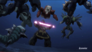 Kowloon Gundam (Master Chinan Custom) confronts opponents underwater