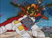 The Guncannon rescues Gundam from the Gouf.