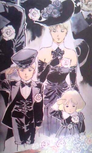 Astraia at Zeon Deikun's funeral, with children Casval and Artesia. (U.C. 0068)