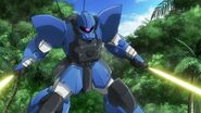 7th Military Academy's Act Zaku using beam sabers in twin sword fashion (Gundam Build Divers Ep7)