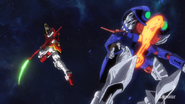 Customized Gundam Deathscythe destroying customized Wodom
