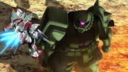 1/48 Zaku II Gunpla looking at GAT-X105B/ST Star Build Strike Gundam