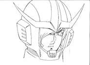 Yoshikazu Yasuhiko's original layout of Garma Zabi's original helmet design, early 1979. A black and white image of a man in a futuristic space helmet.