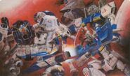 RX-78-2 Gundam (center) as featured in Kazuhisa Kondo's Gundam illustration