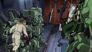 EWAC Jegan (left) inside Nahel Argama's hangar (from Gundam Unicorn OVA)