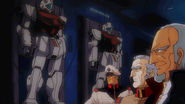 RGM-79GS GM Command Space Type with EFF's top brass, from left: Bask Om, Gene Coliny and Jamitov Hymen (from Mobile Suit Gundam Gihren's Greed)