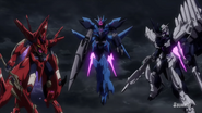 Alus Earthree Gundam, Dubious Arche Gundam, and Fake Nu Gundam arriving at battlefield