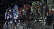 With Abyss and Gaia Gundams (VPS Armor activated) in hangar (Angry Eyes, HD Remaster)