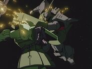 Cima Fleet's Gelgoog Marine bashes at Delaz Fleet's Zaku II F2 Type with Knuckle Shield (from Gundam 0083 OVA)