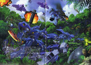Zaku II FZ (top left) as part of Zeon's MS Force in Jaburo Invasion (illustrated by Tomotake Kinoshita; 1998)