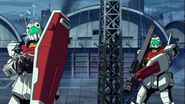 A GM II armed with Harpoon Gun and another armed with Bazooka guarding EFF base (OVA Ep 04)