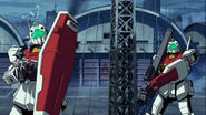 A GM II armed with Harpoon Gun and another armed with Bazooka guarding EFF base (Gundam Unicorn OVA Ep 04)