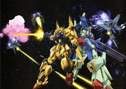 ZZ Gundam and Hyaku Shiki vs the 3-D Team: official art