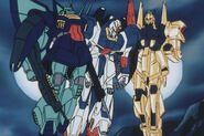 Escorted out of battlefield by MSK-008 Dijeh (left) and MSN-00100 Hyaku Shiki (right) during the siege of Titans' Kilimanjaro base (Mobile Suit Zeta Gundam TV series)