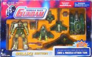 Mobile Suit in Action (MSiA / MIA) "Zaku & Magella Attack Tank" figure set (North American release; 2001: package front view features Zaku II, Magella Attack, Dopp and Luggun action figures.