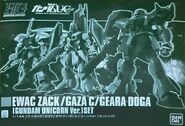 1/144 HGUC "RMS-119 EWAC Zack / AMX-003 Gaza-C / AMS-119 Geara Doga [Gundam Unicorn Ver.]" triple set (P-Bandai exclusive; 2013): box art