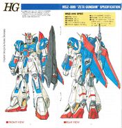 Zeta Gundam (Wave Shooter Equipment Type): illustration and specifications from 1/144 HG "MSZ-006 Zeta Gundam" (1990) by Kunio Okawara