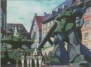 Federation troops being round up by Zeon forces with Gelgoog Marine and Magella Attack tank in the background (from Mobile Suit Gundam Gihren's Greed)