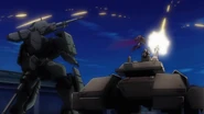 Firing at Gundam Throne Drei alongside Tieren Long-Range Cannon Type